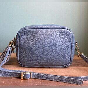 Italian Leather Crossbody Bag Light Blue Tassel